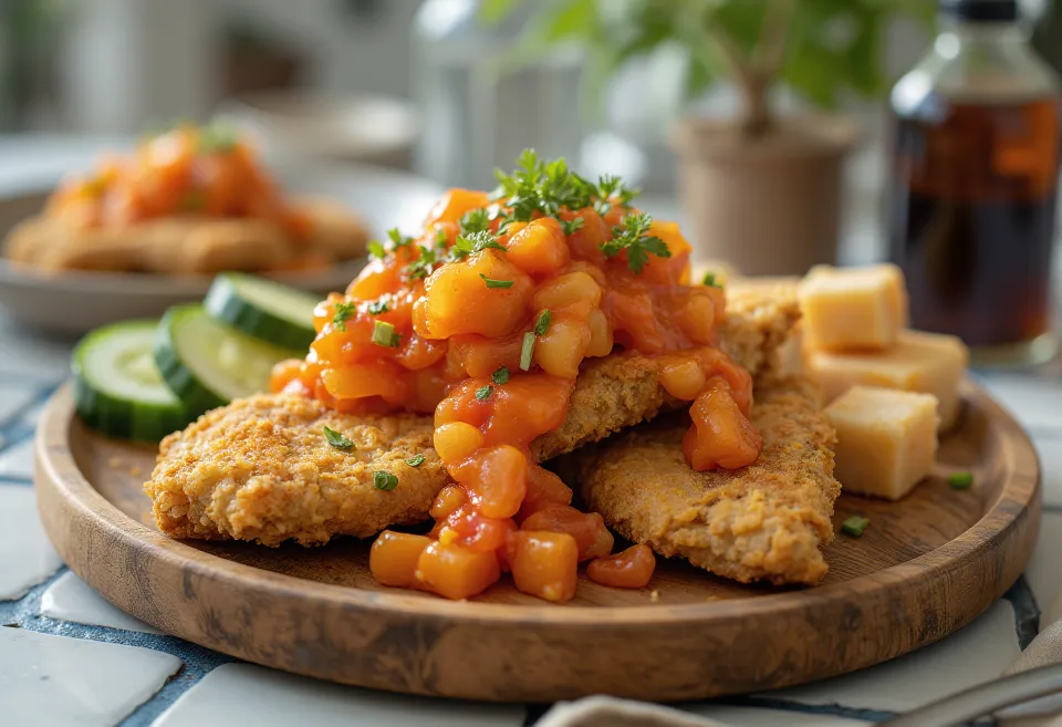 Acı soslu ve kızarmış tofulu Ayam geprek servisi