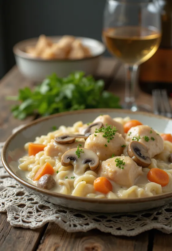 Kremalı sosla servis edilen Chicken Fricassee
