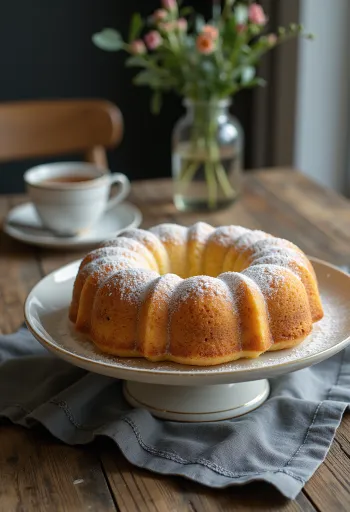 Pudra şekeri serpilmiş, dilimlenmiş badem ezmeli bundt kek