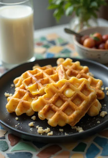 Dışı çıtır altın renginde taze pişmiş peynirli waffle