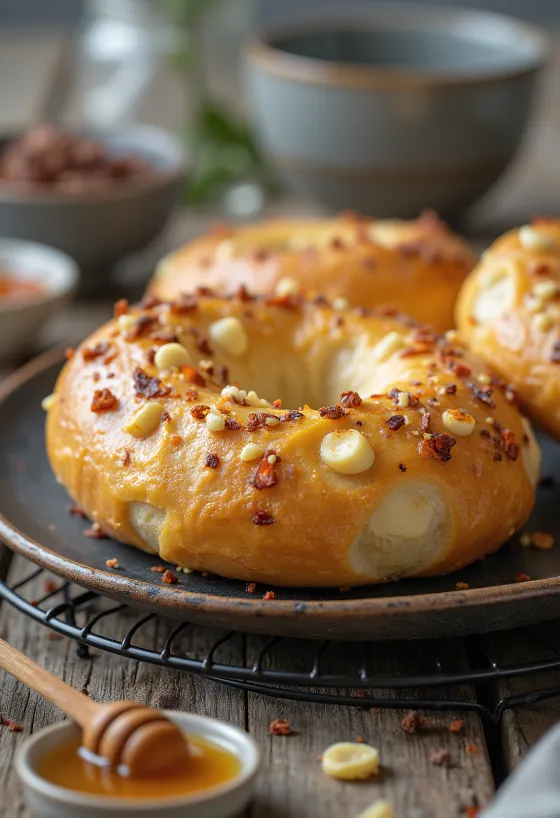 Taze pişmiş acı biberli beyaz çikolatalı bagel