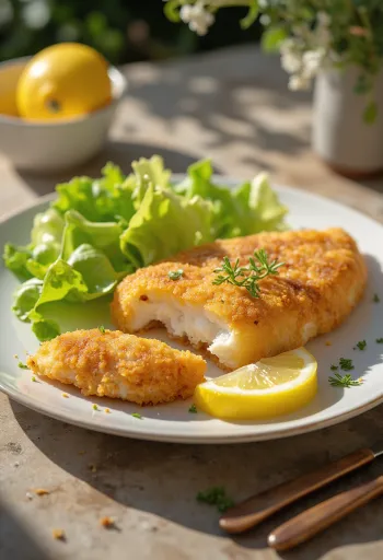 Taze salata ve limonla servis edilen yumurtalı çıtır milanesa