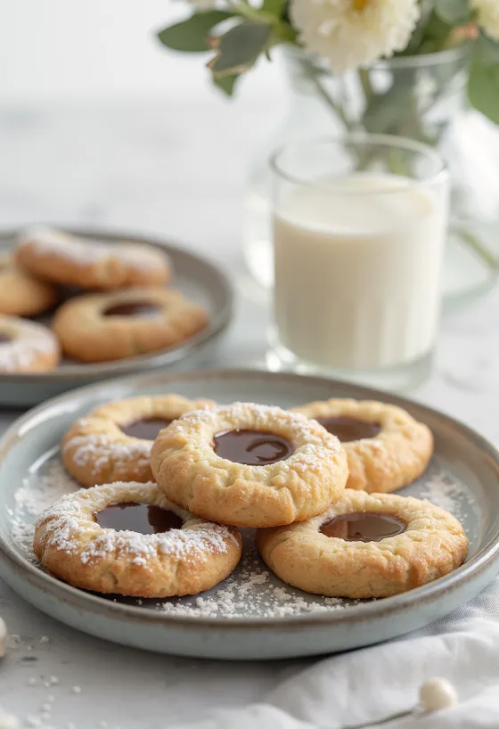 Pudra şekeri serpilmiş, tabakta sunulan fındık kremalı linzer