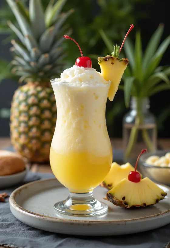 Taze ananas ve kokteyl kirazıyla süslenmiş Piña Colada