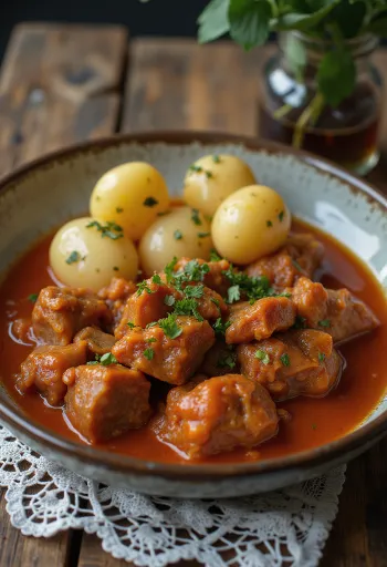 Pörkölt birkahússal, taze ekmek ve turşu ile servis edilen