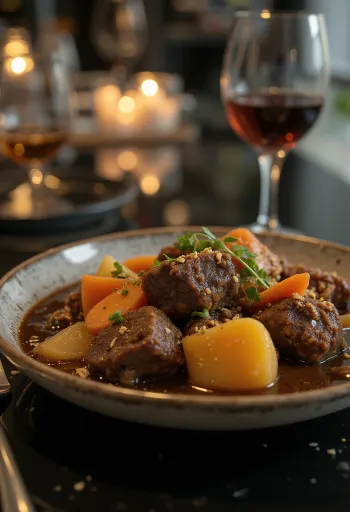 Sebzeli antilop yahnisi rustik bir kasede servis edilmiş.