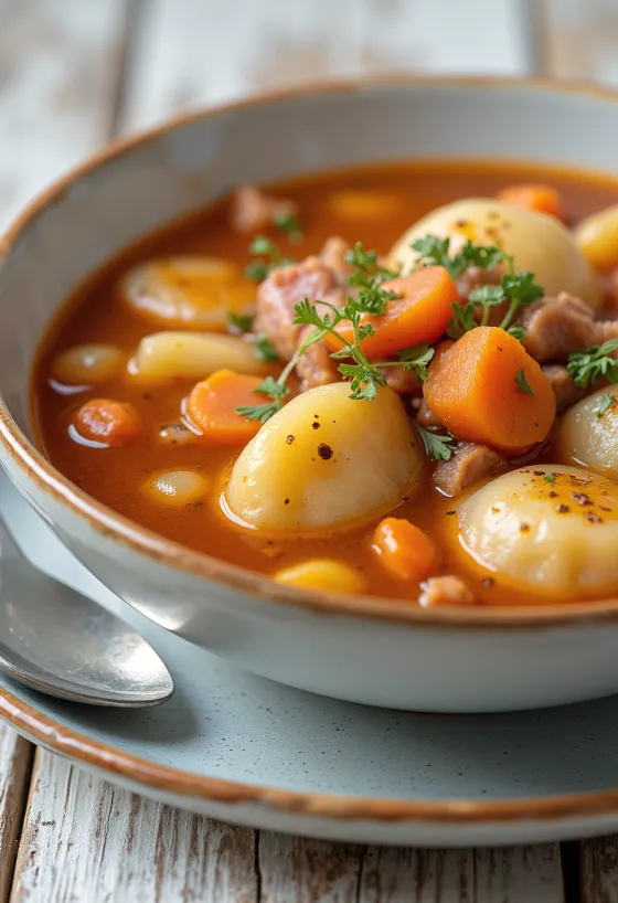 Sebzeler ve toz kırmızı biberle zengin bir şekilde tatlandırılmış yalancı gulaş.