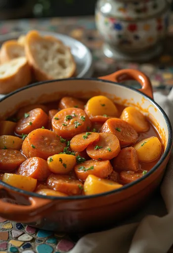 Sulu patates parçaları, tütsülenmiş sucuk ve taze maydanoz serpilmiş patates yemeği