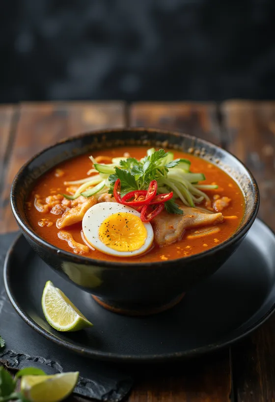 Asam laksa, balık eti ve taze sebzelerle servis edilen ekşimsi hindistancevizi bazlı çorba.