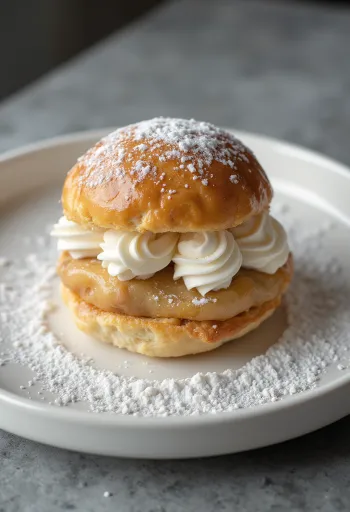 Badem ezmeli Semla versiyonu, pudra şekeri serpilmiş kremalı tatlı rustik sunumda
