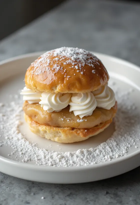 Badem ezmeli Semla versiyonu, pudra şekeri serpilmiş kremalı tatlı rustik sunumda