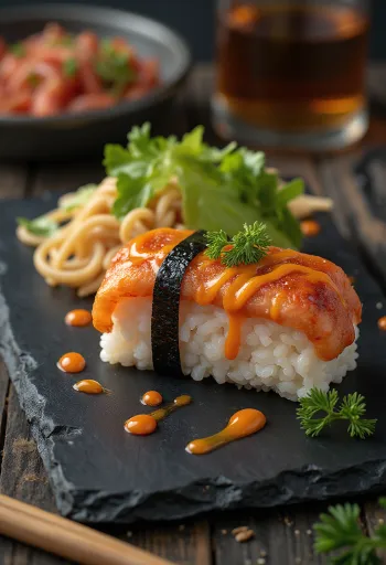 Sriracha mayonezli Spam musubi, pirinç ve nori yosunundan yapılmış Hawaii yemeği.