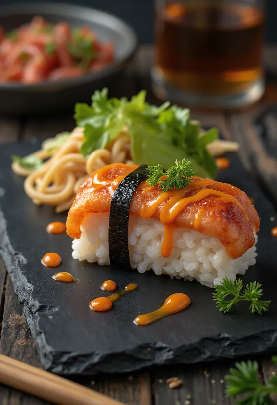 Sriracha mayonezli Spam musubi, pirinç ve nori yosunundan yapılmış Hawaii yemeği.