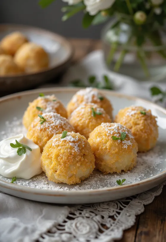 Tatlı ekşi krema ve kavrulmuş galeta unu serpilmiş yumuşak lor peyniri topları.