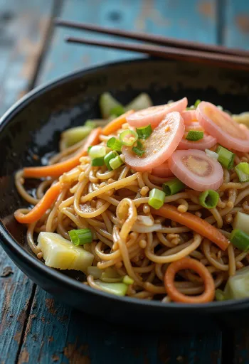 Sebzeli Yakisoba, renkli sebzelerle servis edilen kavrulmuş erişte