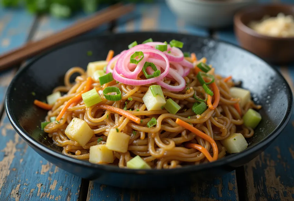 Sebzeli Yakisoba, renkli sebzelerle servis edilen kavrulmuş erişte