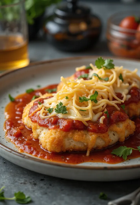 Makarna ve taze fesleğen ile servis edilen Chicken parmigiana
