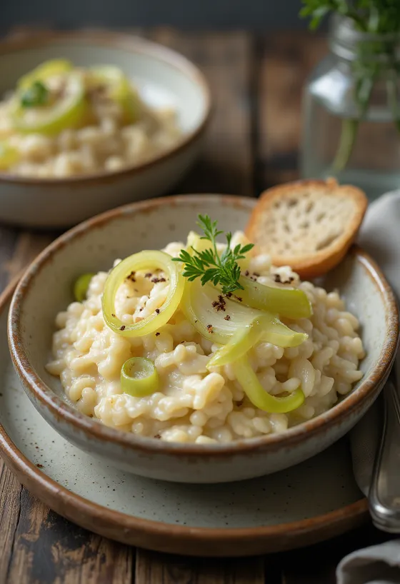 Bir tabakta servis edilen, taze pırasa ve rendelenmiş parmesanlı kremalı risotto