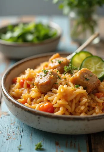 Sulu domuz eti ve sebzelerle zengin bir şekilde hazırlanmış etli pilav.