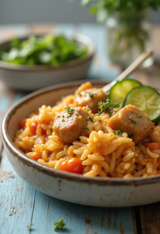 Sulu domuz eti ve sebzelerle zengin bir şekilde hazırlanmış etli pilav.