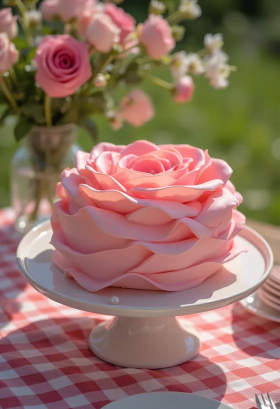 Pembe ve yeşil şeker hamuru süslemeli gül şeklinde pasta