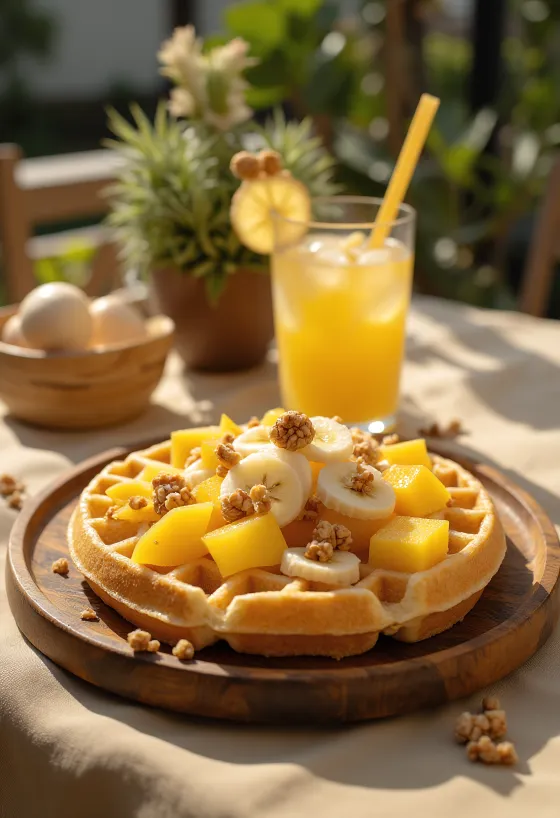 Taze meyveler ve ballı tropikal meyveli waffle