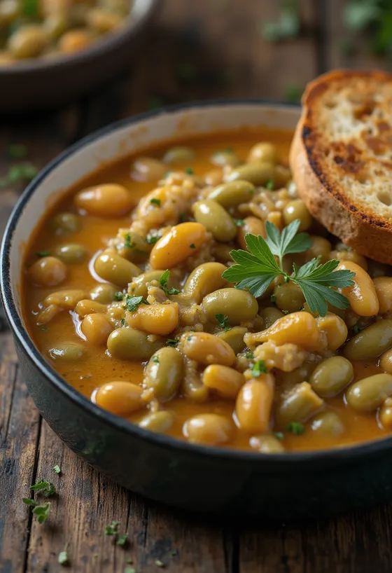 Koyu kıvamlı, ekşi kremalı sos içinde, taze dereotu serpilmiş taze fasulye yemeği