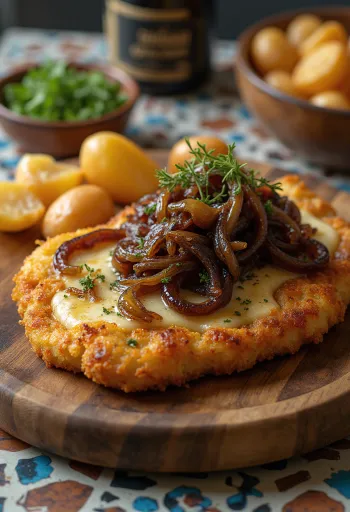 Karamelize soğanlı Cachopo, peynir dolgulu çıtır şinitzel, tatlı soğanla servis edilmiş
