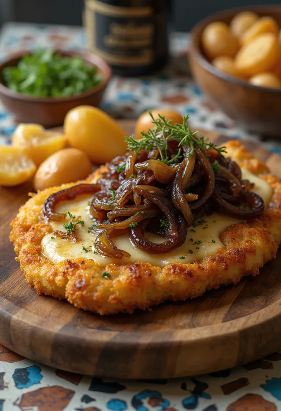 Karamelize soğanlı Cachopo, peynir dolgulu çıtır şinitzel, tatlı soğanla servis edilmiş
