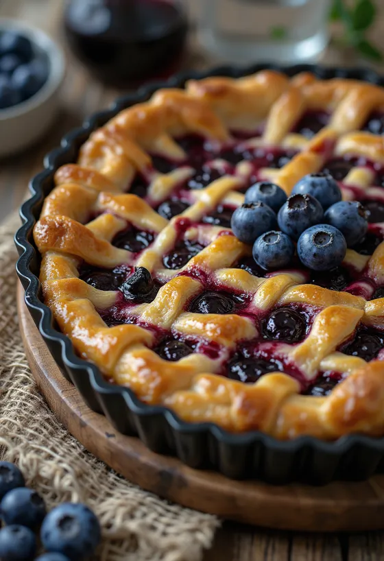 Yaban mersini reçelli crostata, taze limon kabuğu rendesi ile servis edilmiş