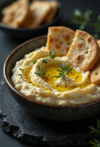 Pita ekmeği ve taze maydanoz ile patlıcan ezmesi