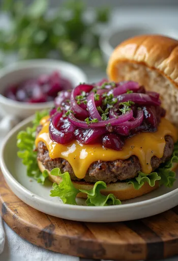 Biberiyeli kırmızı soğanlı burger sunumu