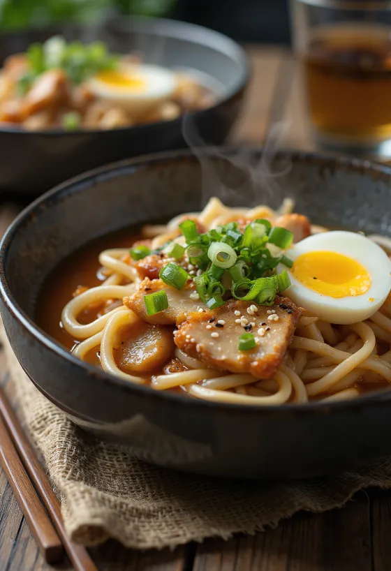 Kasede servis edilen Stamina udon, kavrulmuş tavuk eti, yumurta ve soya soslu sos ile