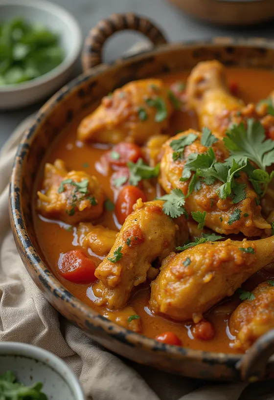 Naan ekmeği ve basmati pirinci ile servis edilen tavuk balti köri.