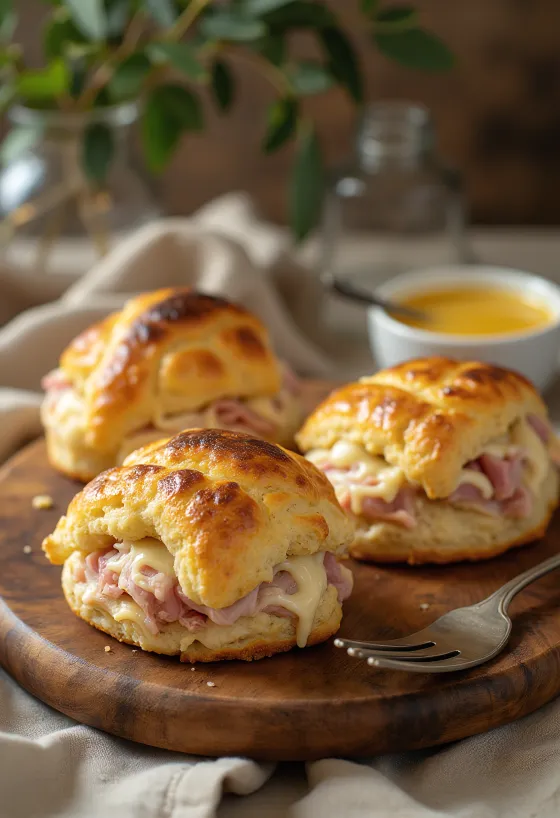 Servis edilmiş tütsülenmiş jambonlu poğaça