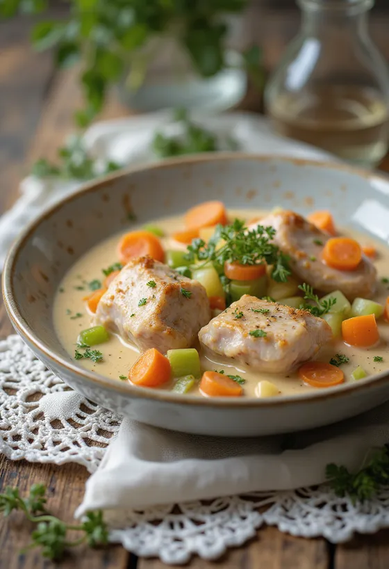 Kremalı sos ile servis edilen ve taze maydanozla süslenmiş Tavşan Fricassee