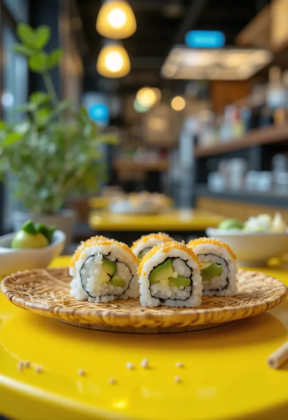 Avokado ve susam ile süslenmiş Nori yosunlu vegan suşi