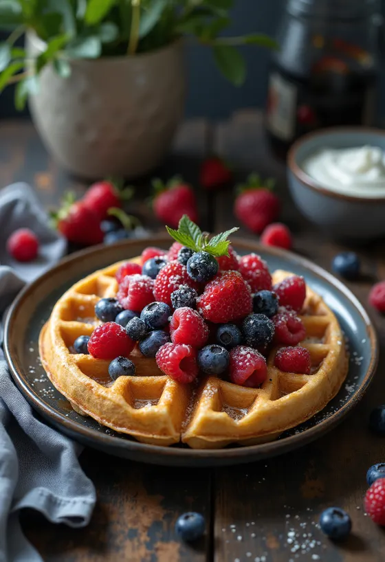 Taze orman meyveleri ve ballı karışık meyveli waffle