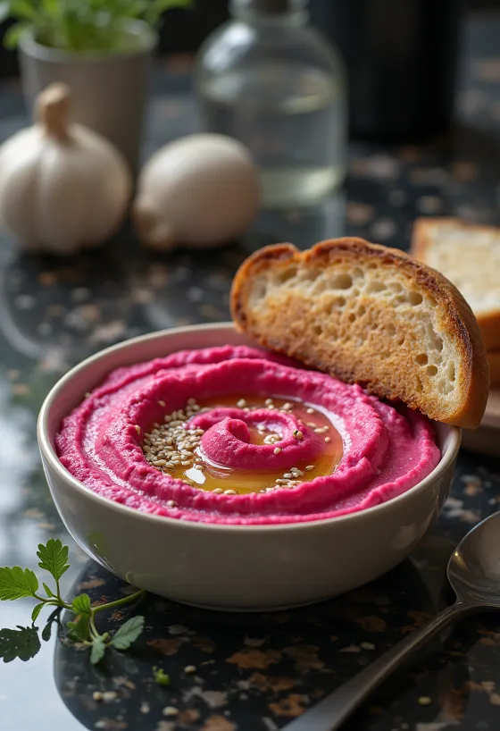 Kızarmış ekmek ile servis edilen pancarlı humus
