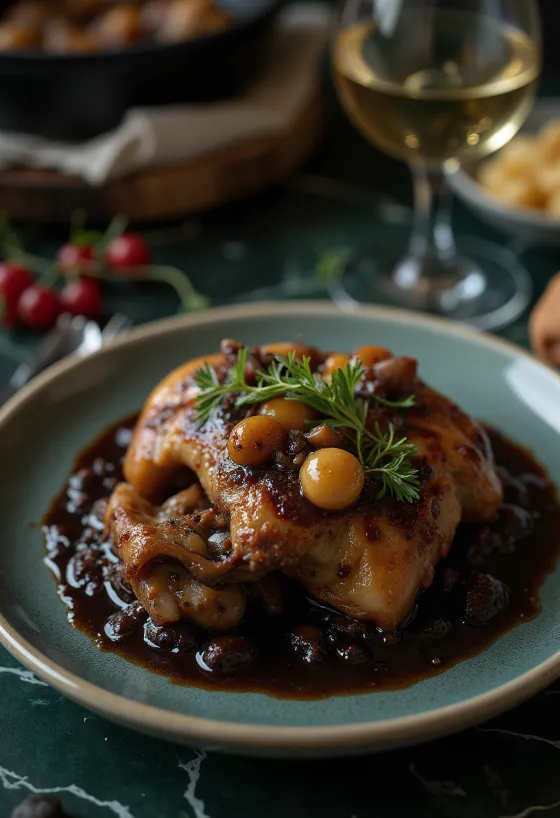 Taze maydanoz ve ekmekle servis edilen Coq au Vin