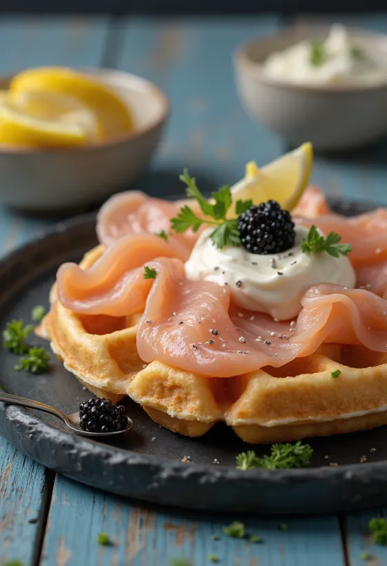 Havyar ile servis edilmiş füme somonlu waffle