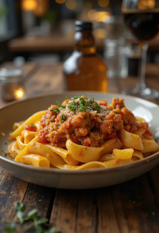 Pappardelle makarna ile servis edilen ve taze biberiye ile süslenmiş Tavşan Ragu
