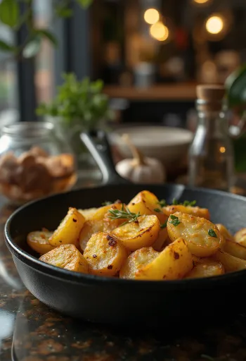 Altın renginde kızarmış, taze otlarla çıtır fırın patates.