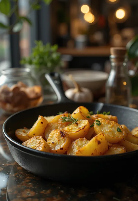 Altın renginde kızarmış, taze otlarla çıtır fırın patates.