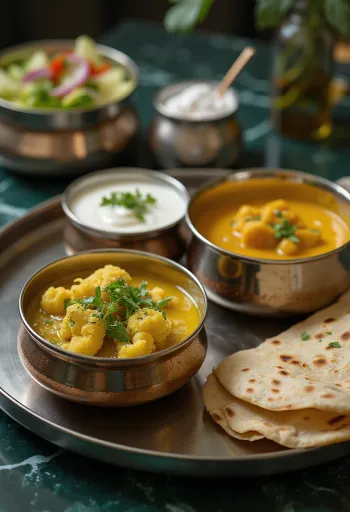 Kuzey Hindistan usulü Thali, basmati pirinci, aloo gobi, dal, chapati ve pappadam ile