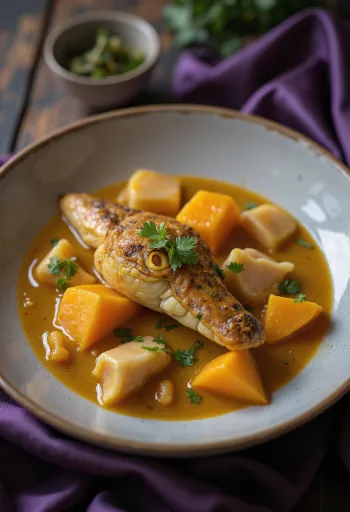 Taze kişniş ile bir kasede servis edilen Timsah ve bal kabağı köri.