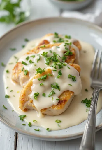 Kremalı sosta sulu tavuk göğsü, taze maydanoz serpilmiş ve makarna ile servis edilmiş.