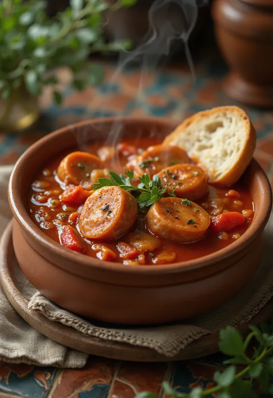 Taze biber, domates ve tütsülenmiş sucukla servis edilen sucuklu leço