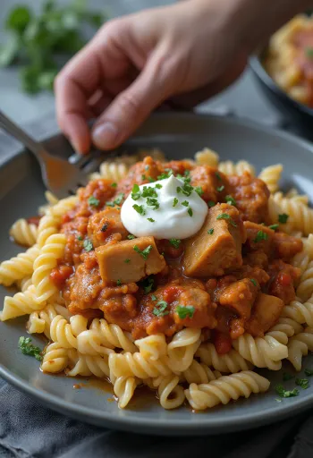 Makarna ve ekşi krema ile servis edilen Pörkölt