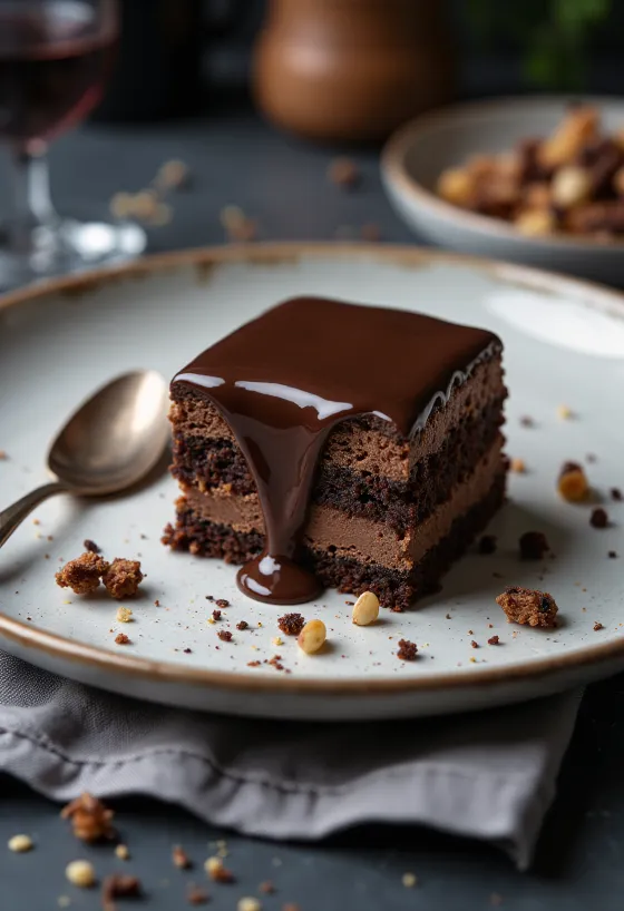 Beyaz tabakta Rigó Jancsi çikolatalı pasta dilimi